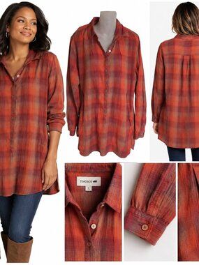 Toad&Co Red Plaid Long Sleeve Popover Tunic Shirt Pockets Boho Gorpcore Casual L